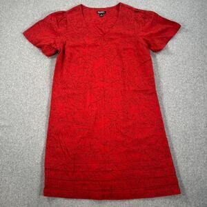 Nicole Miller Linen Blend Dress Tiered Hem Short Sleeve Womens Medium V-Neck Red
